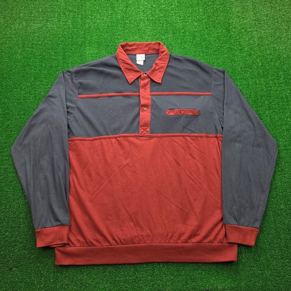 Vintage Haband Casual Joe Banded Bottom Polo Sweatshirt Mens 2XL Blue Burgundy